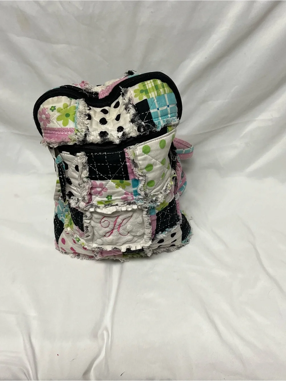 Patchwork Quilted Pink & Black Letter H Backpack